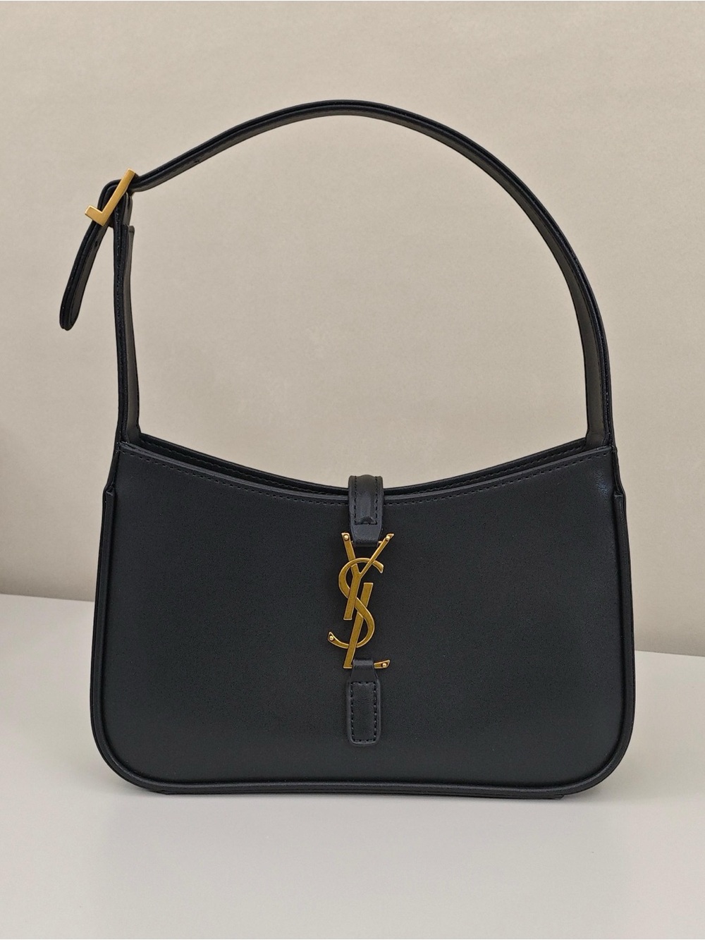 Yves Saint Laurent-Style Black Leather Shoulder Bag with Gold Logo Accent